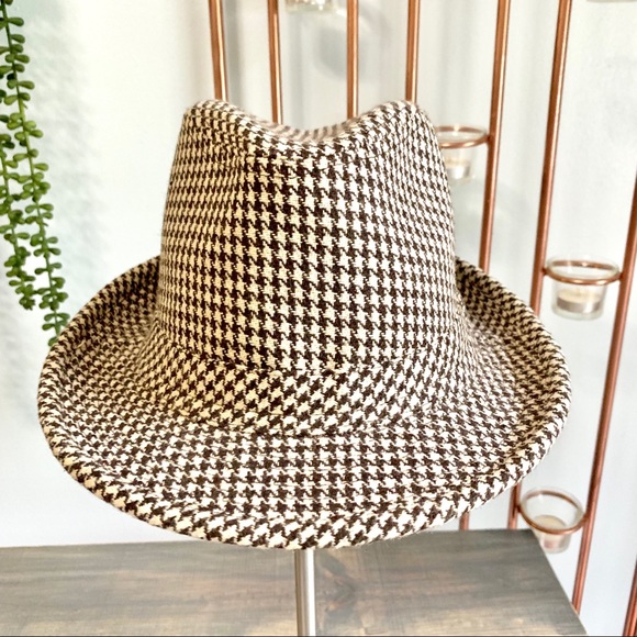 Houndstooth Wool Fedora Hat Brown & Cream - Picture 3 of 8